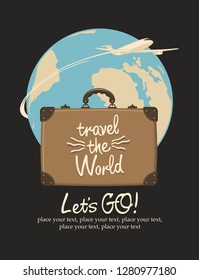 Vector banner on the theme of air travel with a travel suitcase, handwritten inscriptions and passenger plane against the backdrop of planet Earth in retro style. Air transportation. Travel the world