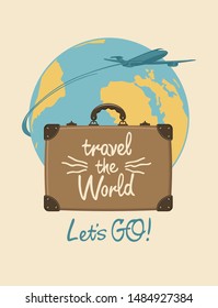 Vector banner on the theme of air travel with a travel suitcase, handwritten inscriptions and passenger plane against the backdrop of planet Earth in retro style. Air transportation. Travel the world