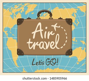 Vector banner on the theme of air travel with a travel suitcase, handwritten inscriptions and passenger plane against the backdrop of world map in retro style. Air transportation.