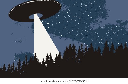 Vector banner on the theme of alien invasion. Realistic illustration of an UFO flying over the forest. Earth landscape and a flying saucer with bright ray in the night sky