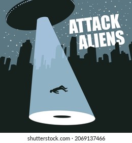 Vector banner on the theme of an alien attack with a large flying saucer that sent a light beam and kidnaps a person at night in a big city. UFO invasion. Contact with an extraterrestrial civilization