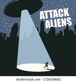 Vector banner on the theme of an aliens attack with a large flying saucer that sent a beam at a person in a big city at night. Invasion of UFOs. Contact with an extraterrestrial civilization.