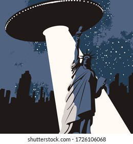 Cartel vectorial sobre el tema del ataque de extraterrestres en EEUU. Ilustración de un gran platillo volador sobre una ciudad que envió un rayo brillante a una Estatua de la Libertad. La invasión de los OVNI Vector de stock