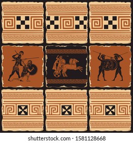 Vector banner on the theme of Ancient Greece in form of a set of stone tiles, clay or ceramic tiles. Illustrations with Greek ornaments and ancient Greek soldiers with shields, spears, in a chariot