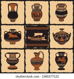 Vector banner on the theme of Ancient Greece in the form of a set of stone tiles, clay or ceramic tiles in retro style. Illustrations with Greek ornaments, amphorae and Ancient Greek ship.