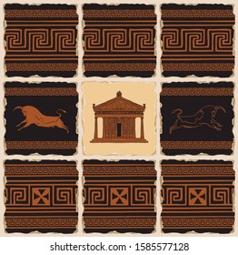 Vector banner on the theme of Ancient Greece in the form of a set of stone tiles, clay or ceramic tiles. Illustrations with Greek ornaments, Cretan bulls and the facade of the Parthenon in retro style