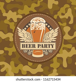 Vector banner on the theme of a beer party with a leather label depicting a full beer glass with wings on a background of camouflage fabric