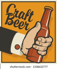 Vector banner on the theme of beer in retro style with calligraphic inscription Craft beer. Illustration of a man's hand with a beer bottle on the amber background