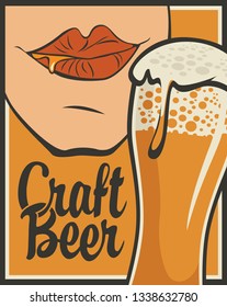 Vector banner on the theme of beer in retro style with calligraphic inscription Craft beer. Flat illustration with overflowing glass of frothy beer and mouth savoring beer