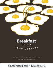 Vector banner on the theme of Breakfast time with hot fried eggs and place for text on the black background in retro style