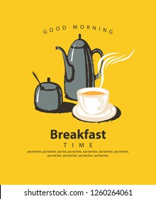 Vector banner on the theme of Breakfast time with cup of hot tea, kettle and sugar bowl, with place for text in retro style on the yellow background