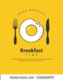 Vector banner on the theme of Breakfast time with fried egg, fork and knife on the yellow background with place for text in retro style