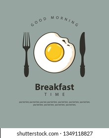 Vector banner on the theme of Breakfast time with fried egg, fork and knife on the grey background with place for text in retro style