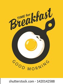 Vector banner on the theme of Breakfast time with fried egg Sunny side up and inscriptions in retro style on a yellow background. Morning banner or menu