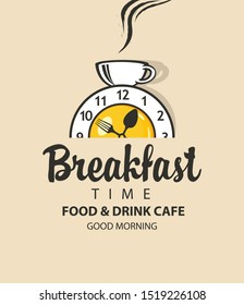 Vector banner on the theme of Breakfast time with an alarm clock in the form of fried egg, clocks hands in the form of fork and spoon, and with cup of hot drink on a beige background in retro style.