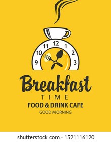 Vector banner on the theme of Breakfast time with an alarm clock in the form of fried egg, clocks hands in the form of fork and spoon, and with cup of hot drink on a yellow background in retro style.