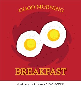 Vector banner on the theme of Breakfast time with fried egg, Red Background.