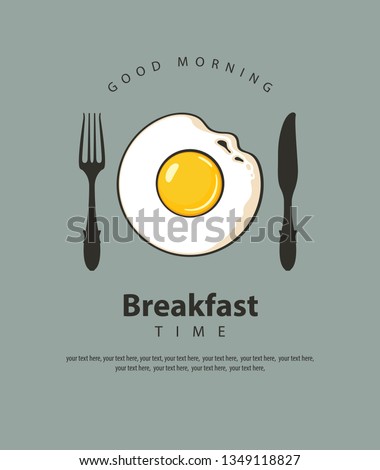Vector banner on the theme of Breakfast time with fried egg, fork and knife on the grey background with place for text in retro style