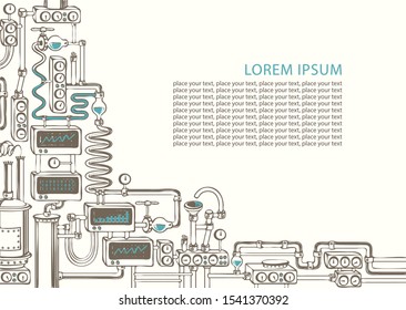 Vector banner on the theme of chemical laboratory or industrial equipment with various appliances, devices, sensors, mechanisms, pipes and place for text in retro style.