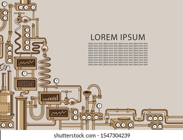 Vector banner on the theme of chemical laboratory or industrial equipment with various appliances, devices, sensors, mechanisms, pipes and place for text in retro style.