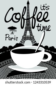 Vector banner on the theme of coffee and travel with handwritten inscriptions and a Cup of coffee on the background of the Prague landscape.