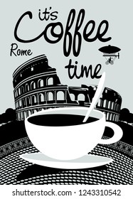 Vector banner on the theme of coffee and travel with handwritten inscriptions and a Cup of coffee on the background of the Prague landscape.