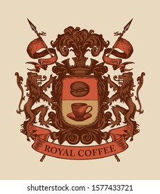 Vector banner on the theme of coffee house in form of hand-drawn medieval coat of arms with words Royal coffee. Coffee emblem with cup, coffee bean, shield, crown, lions and spears in retro style
