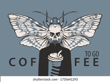 Vector banner on the theme of coffee with the inscription Coffee to go. Creative graphic illustration of a mysterious man with a moth instead of a head, who holds a paper Cup of coffee with a straw