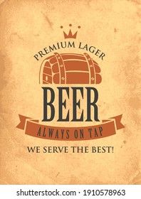 Vector banner on the theme of draught beer. Illustration with a big wooden beer barrel, ribbon and inscriptions in retro style on an old paper background