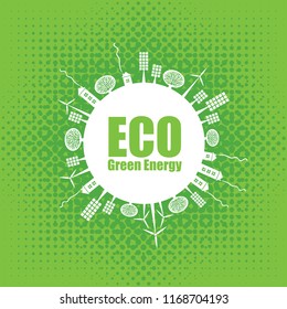 Vector banner on the theme of environmental protection and ecology of planet. Planet Earth, solar panels, wind turbines and words Eco, Green energy