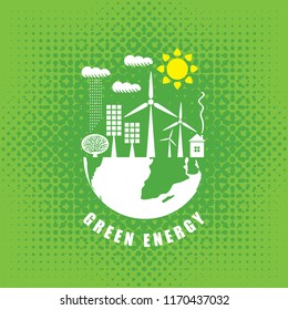 Vector banner on the theme of environmental protection and ecology of planet. Planet Earth, solar panels, wind turbines and words Eco energy, Safe the World, Green energy