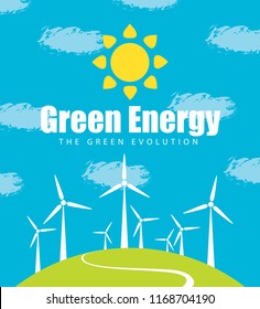 Vector banner on the theme of Green energy and Green Evolution. Landscape with wind turbines on the green hill, with sun and clouds in the sky. The environmental protection and ecology of planet