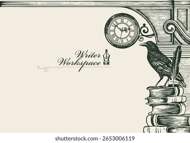 Vector banner on the theme of library, writers with a sketch and place for text. Vintage illustration with nar antique architecture, books, old raven and clock. Cover for a book, magazine. Postcard. 