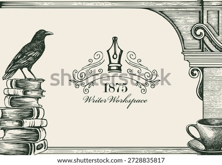 Vector banner on the theme of library, writers with a sketch and place for text. Vintage illustration with nar antique architecture, books, and old raven. Cover for a book, magazine. Postcard. No ai