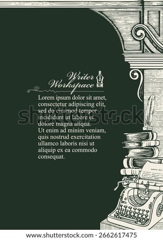 Vector banner on theme of literature, poetry and writer with space for text. Drawing with typewriter, arch and ink pen. Signboard for store, cafe, library. Page of a book, magazine, logo. No AI used
