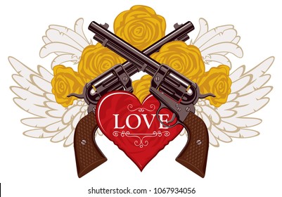 Vector banner on theme of love and death. Template for clothes, textiles, t-shirt design. Illustration with two old crossed revolvers, heart, yellow roses and wings isolated on white background