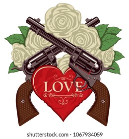 Vector banner on the theme of love and death. Template for clothes, textiles, t-shirt design. Illustration with two old crossed revolvers, heart and white roses isolated on white background