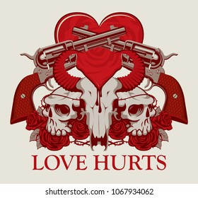 Vector banner on theme of Love Hurts. Template for clothes, textiles, t-shirt design. Illustration with skulls of bull and human, red heart, roses, old revolvers and barbed wire on white background
