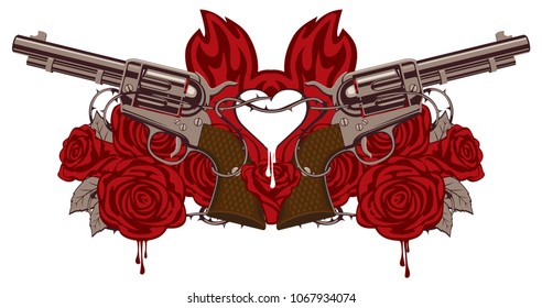 Vector Anuncio sobre el tema del amor y la muerte. Plantilla para ropa, textiles, diseño de camisetas. Ilustración con dos grandes revólveres antiguos, corazón, fuego, rosas rojas y alambre de púas aislados sobre fondo blanco