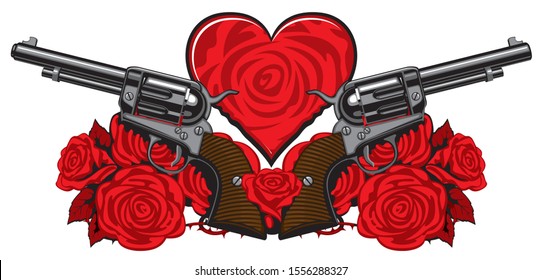 Vector banner on the theme of love and death. Template for clothes, textiles, t-shirt design. Illustration with two big old revolvers, heart, red roses and barbed wire on white background