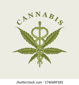 Vector banner on the theme of marijuana legalization. Illustration with a hand-drawn hemp leaf, a Caduceus and an inscription on a light background. Medical cannabis, natural product, organic hemp