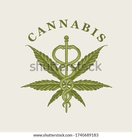 Vector banner on the theme of marijuana legalization. Illustration with a hand-drawn hemp leaf, a Caduceus and an inscription on a light background. Medical cannabis, natural product, organic hemp