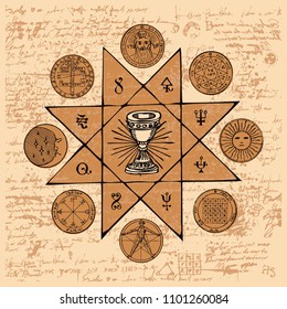 Vector banner on the theme of mysticism, magic, religion and the occultism. Hand drawn illustration of a Grail and other esoteric and masonic symbols on the background of an old illegible manuscript