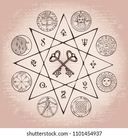 Vector banner on the theme of mysticism, magic, religion and the occultism. Hand drawn illustration of a Grail and other esoteric and masonic symbols on the background of an old illegible manuscript