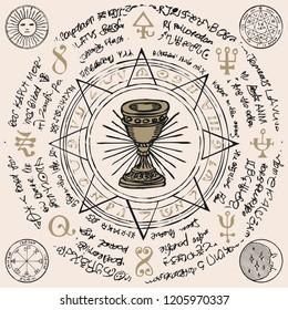 Vector banner on the theme of mysticism, magic, religion and the occultism. Hand drawn illustration of a Grail and other esoteric and masonic symbols on the background of an old illegible manuscript