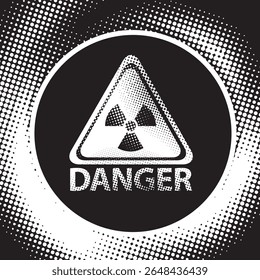 Banner vetorial sobre o tema da guerra nuclear, desastre com um sinal de perigo de radiação ou contaminação no fundo de pixels. O tema do urbanismo, arte de rua, tecnologias digitais.T-shirt design