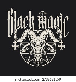 Vector banner on the theme of occultism and witchcraft with phrase Black magic written in gothic font with inverted crosses and horned goat head and inverted satanic pentagram. Can be used for t-shirt, poster