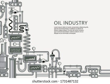 Banner vectorial sobre el tema de la industria petrolera con diversos equipos industriales, electrodomésticos, dispositivos, sensores, mecanismos, tuberías y lugar de texto sobre un fondo claro.