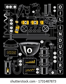 Vector banner on the theme of of oil refining industry. Decorative illustration with various industrial equipment, appliances, sensors, devices, mechanisms, pipes on the black background.