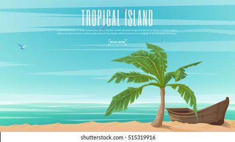 Vektorbanner zum Thema Paradise Island mit tropischem Palm und Holzboot